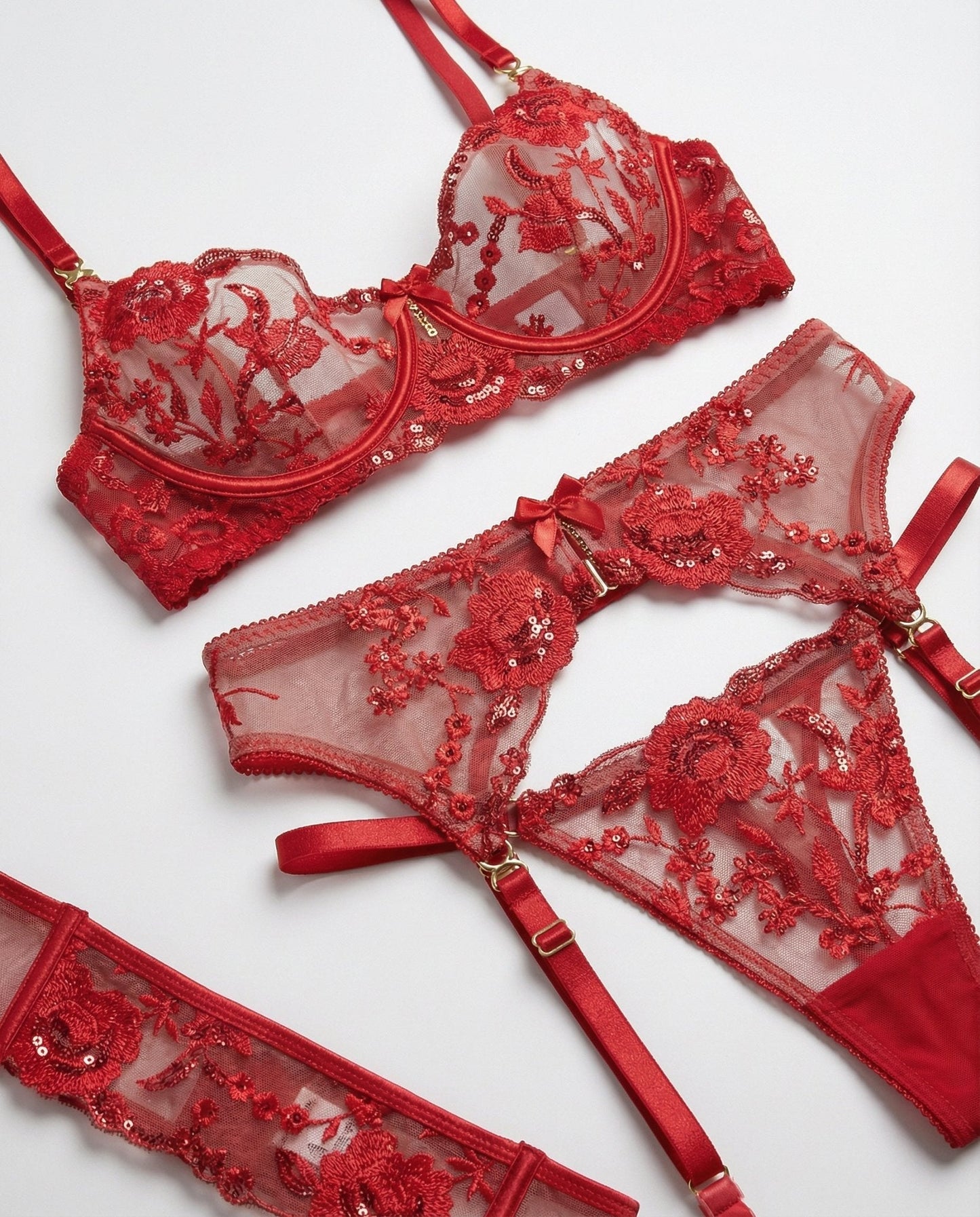 Floral Lace Bra Brief And Suspender Belt Set