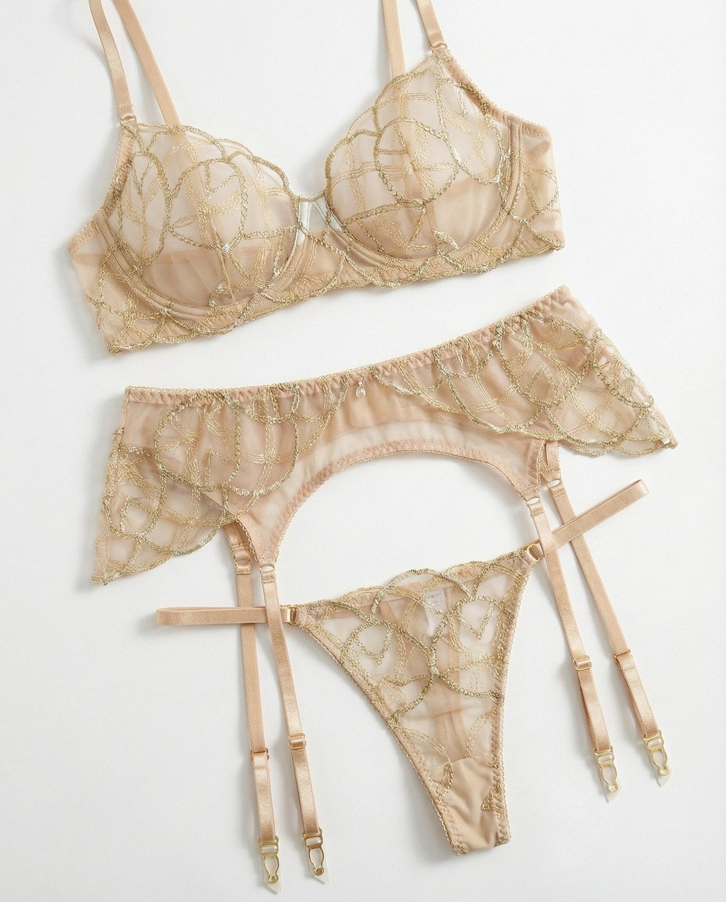 Pearl Embellished Lace Bra Suspender Belt And Thong Set