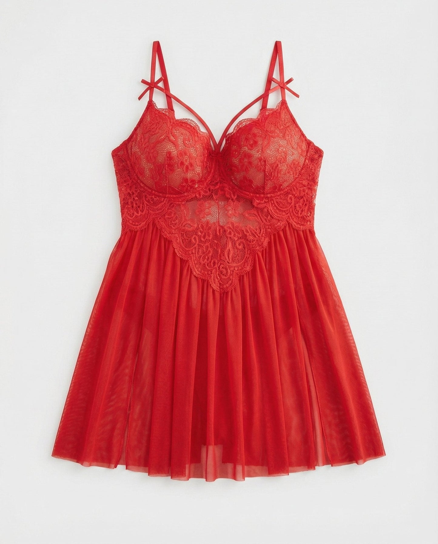 Plus Size Lace Babydoll With Pleated Mesh Skirt And Thong