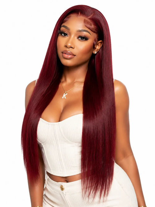 26 Inch Burgundy Red Straight Human Hair Wig | Heat-Stylable HD Lace Front