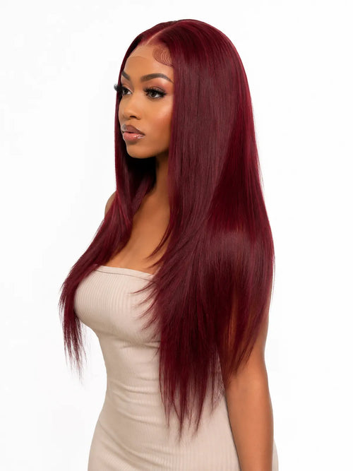 26 Inch Burgundy Red Straight Human Hair Wig | Heat-Stylable HD Lace Front