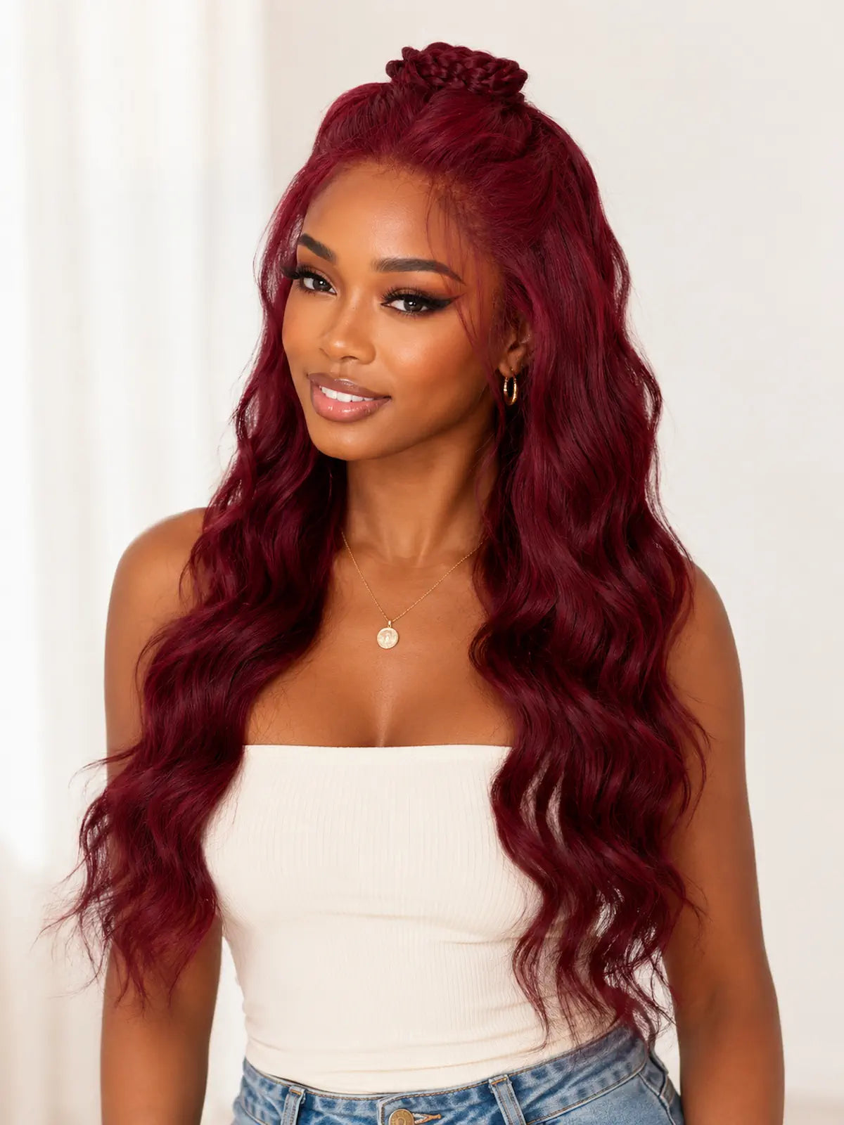 26 Inch Burgundy Red Straight Human Hair Wig | Heat-Stylable HD Lace Front