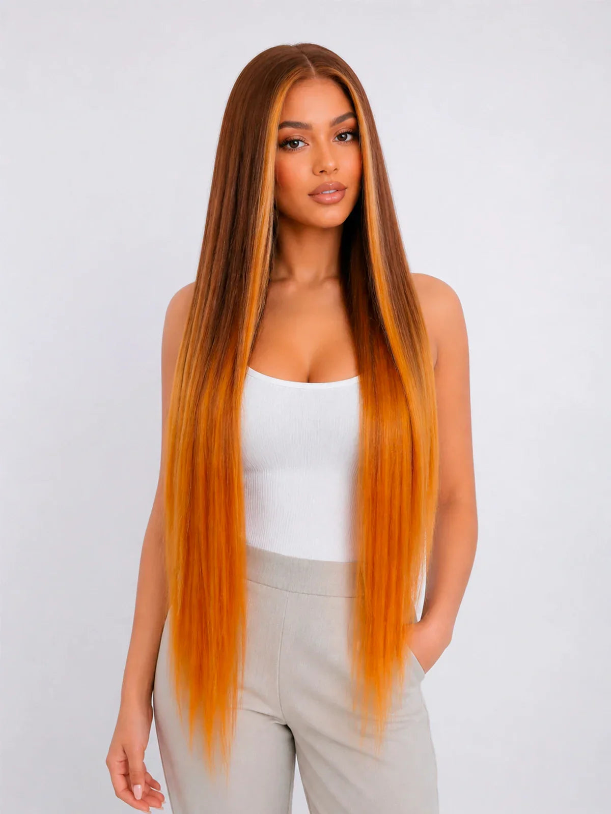 Hannah | 32 Inch Golden Brown Balayage Straight Wig | Synthetic Lace Front