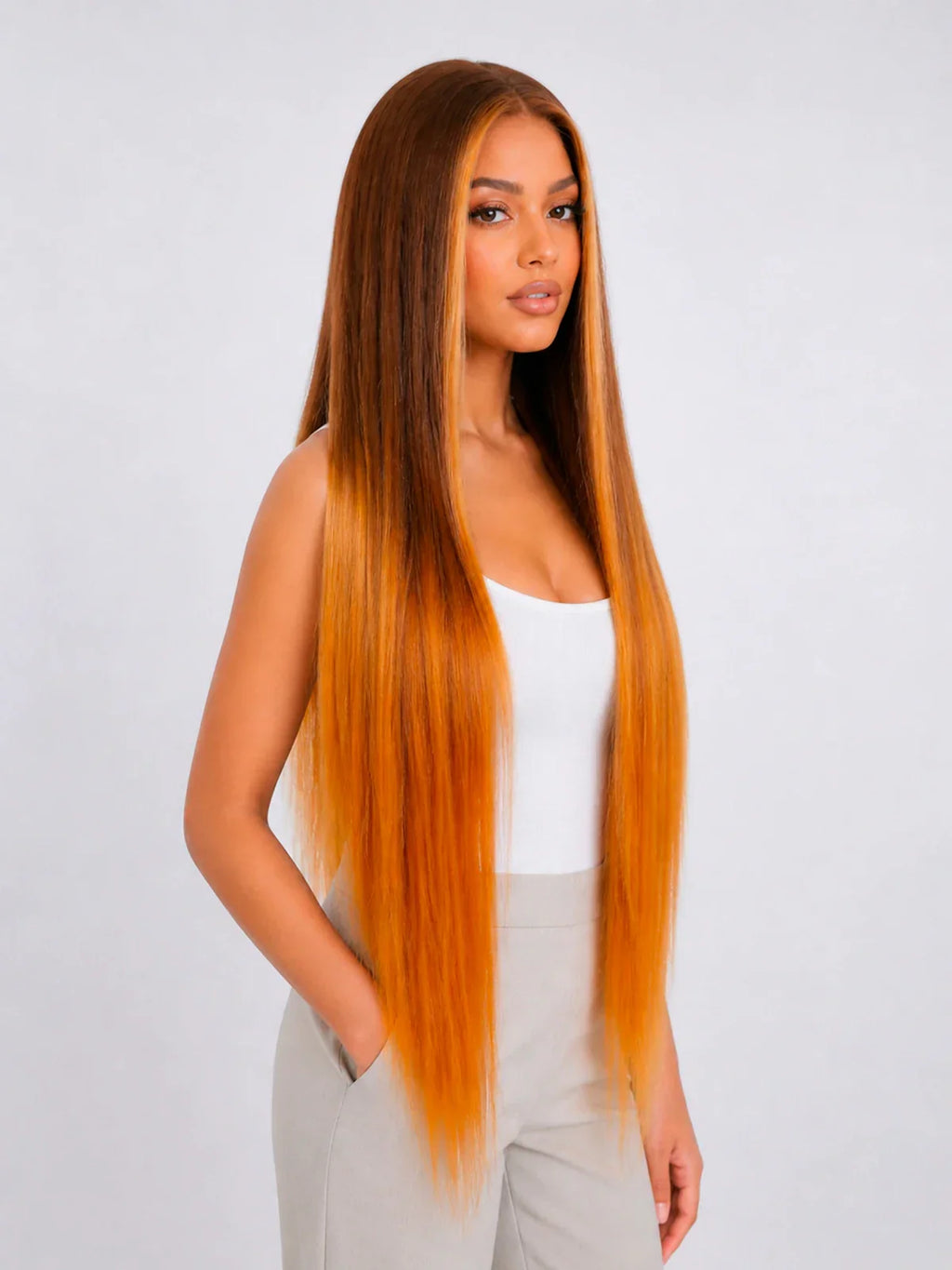 Hannah | 32 Inch Golden Brown Balayage Straight Wig | Synthetic Lace Front