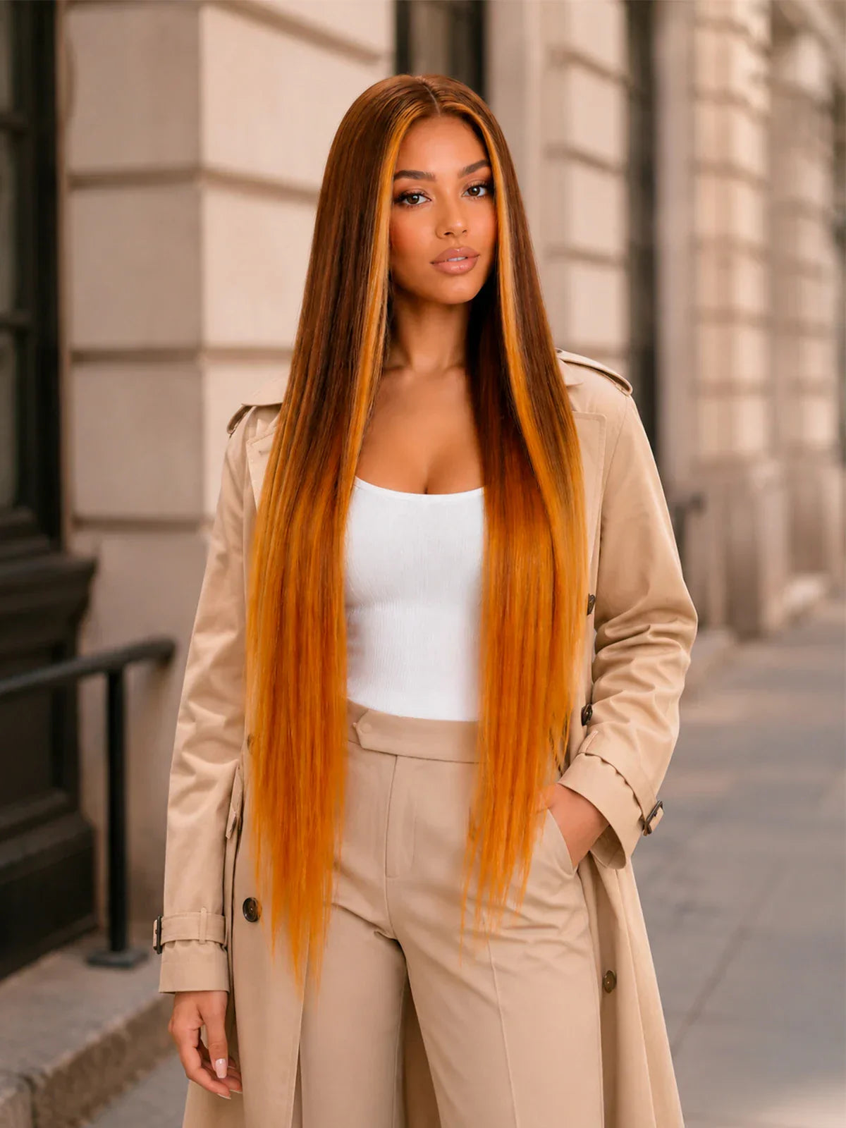 Hannah | 32 Inch Golden Brown Balayage Straight Wig | Synthetic Lace Front