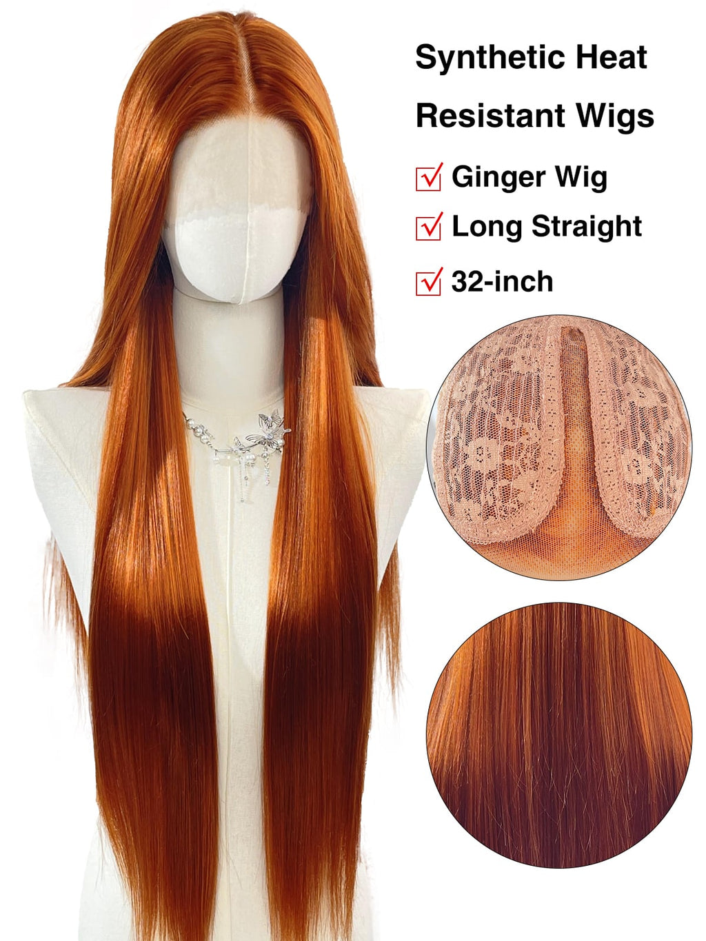Abigail | 32 Inch Ginger Extra-Long Straight Wig | Synthetic Lace Front Wig