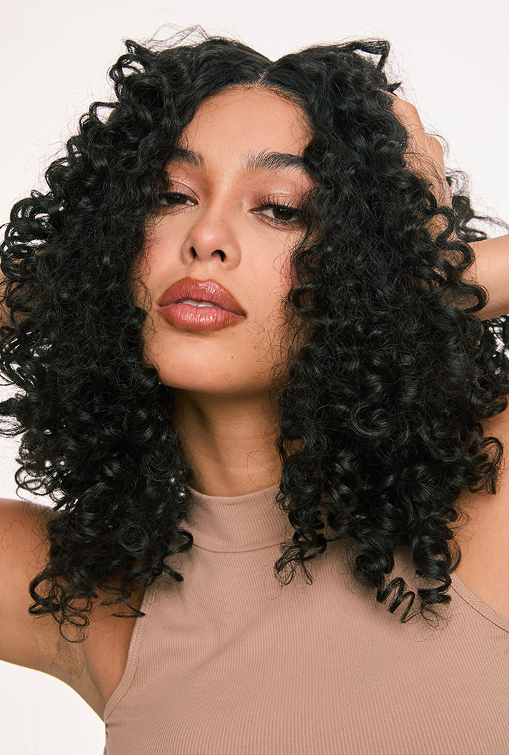 Zoey | 16 Inch Afro Kinky Curly Synthetic Wig | T-Part Lace Front | Natural Black