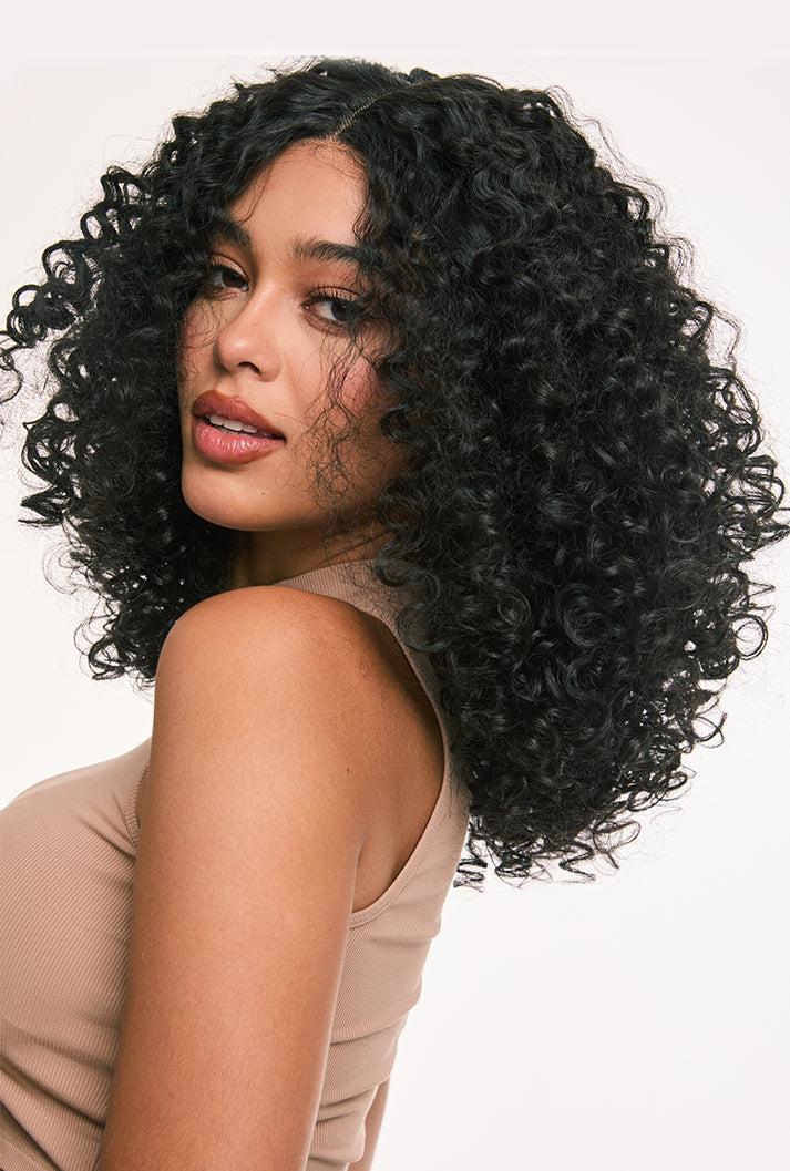 Zoey | 16 Inch Afro Kinky Curly Synthetic Wig | T-Part Lace Front | Natural Black