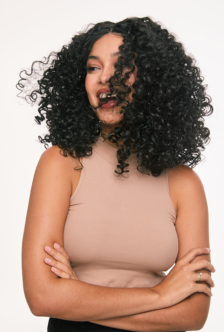 Zoey | 16 Inch Afro Kinky Curly Synthetic Wig | T-Part Lace Front | Natural Black