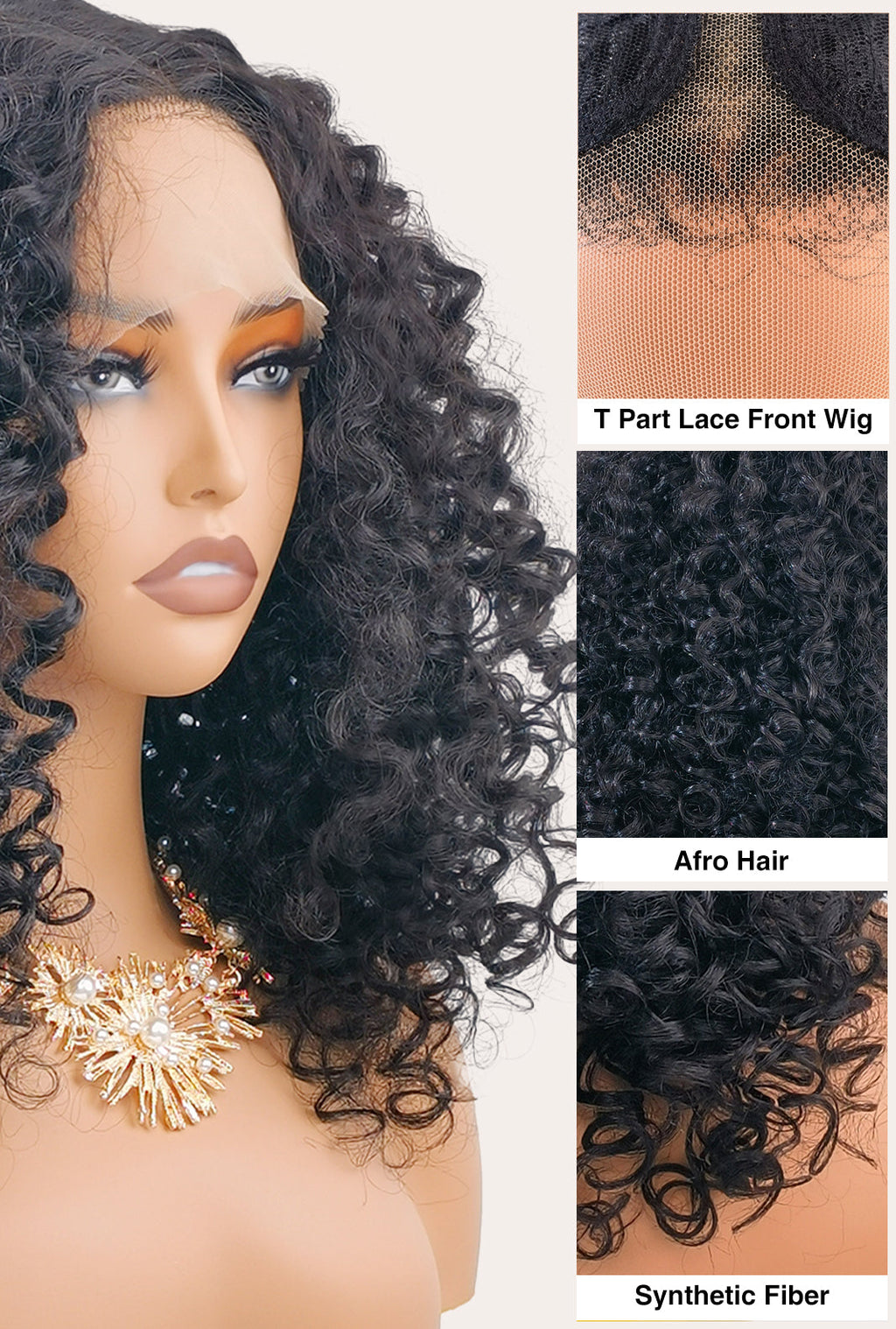 Zoey | 16 Inch Afro Kinky Curly Synthetic Wig | T-Part Lace Front | Natural Black