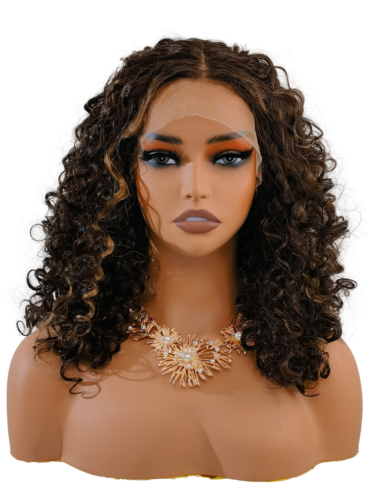 Jessica | 16 Inch Synthetic Afro Wig | TT4/27 Dark Brown Blonde Highlights | Lace Front