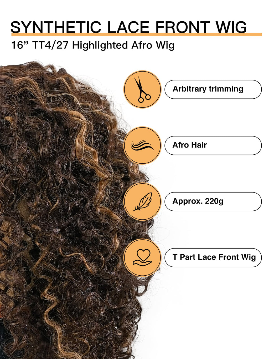 Jessica | 16 Inch Synthetic Afro Wig | TT4/27 Dark Brown Blonde Highlights | Lace Front