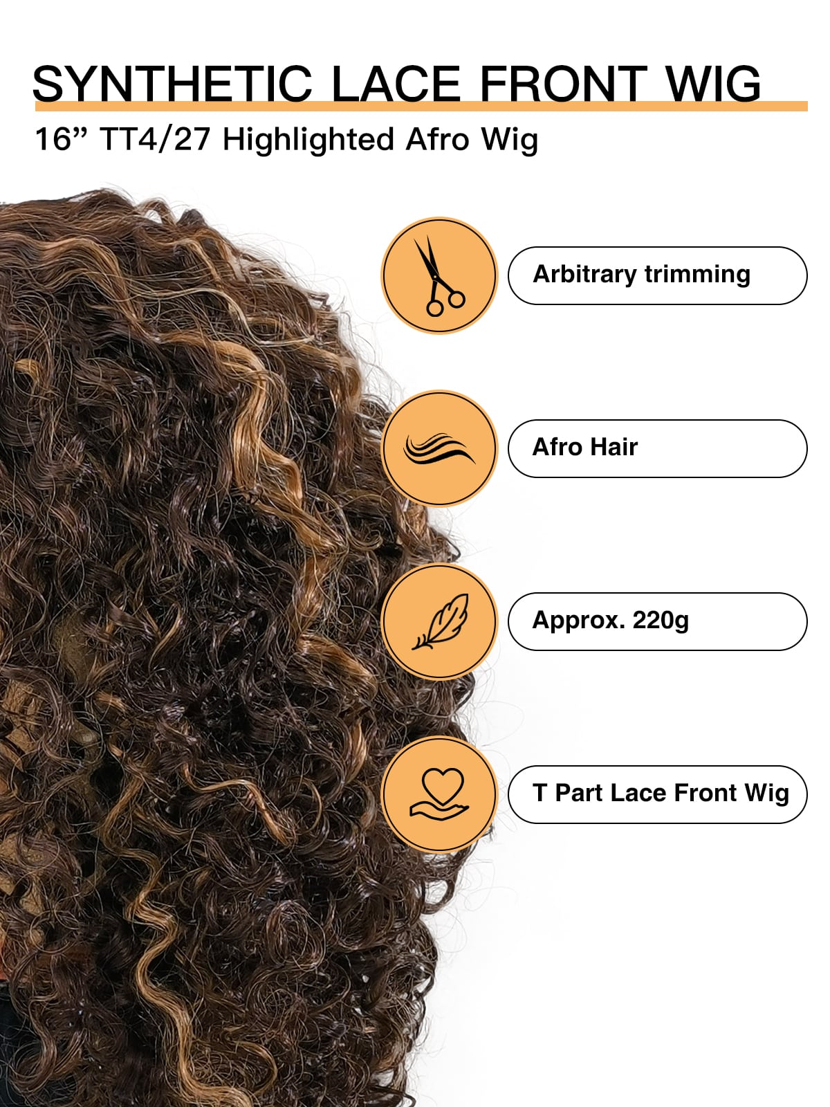 Jessica | 16 Inch Synthetic Afro Wig | TT4/27 Dark Brown Blonde Highlights | Lace Front
