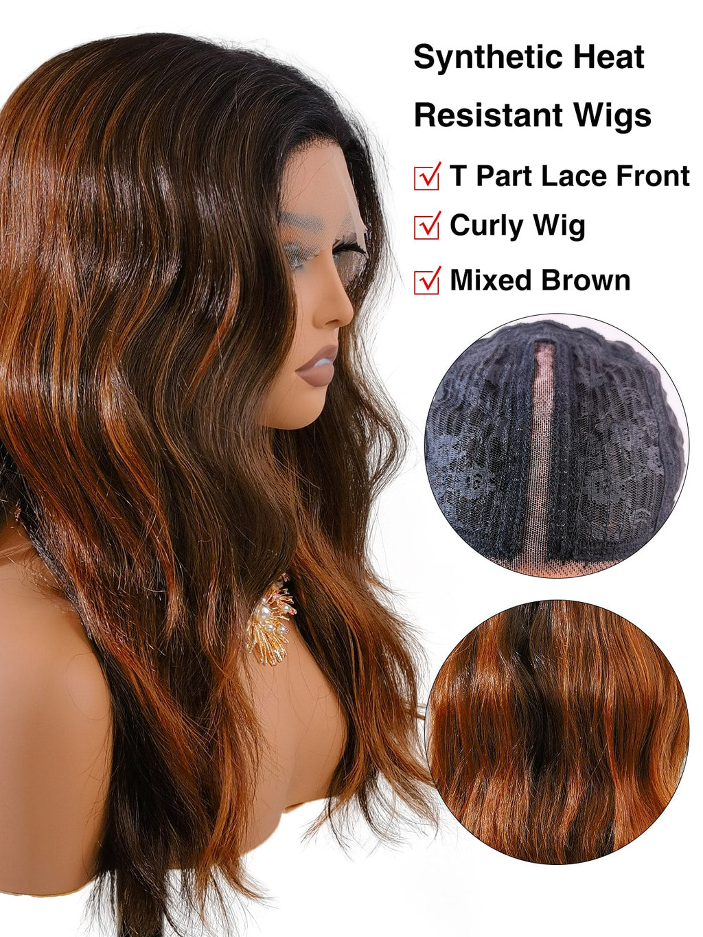 Grace | 18 Inch Balayage Dark Brown-Brown Curly Wig | Synthetic Lace Front Wig