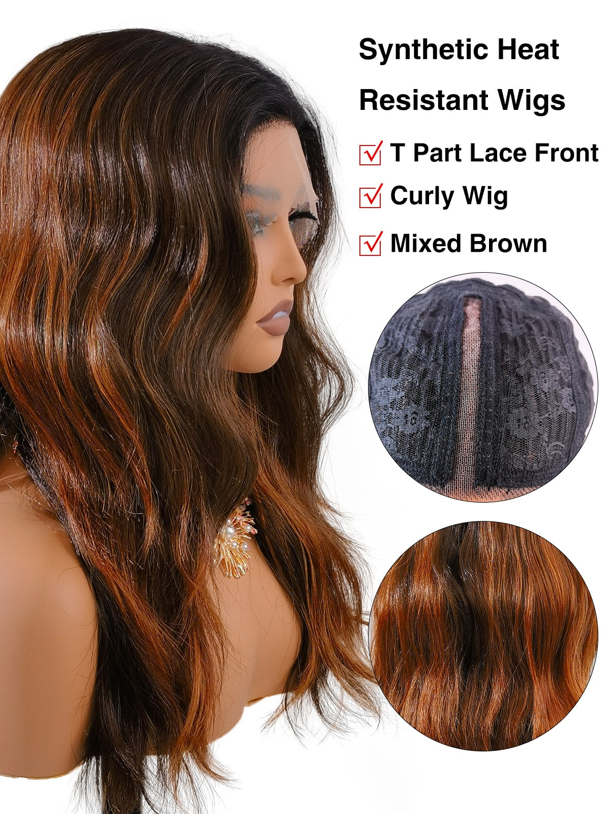 Grace | 18 Inch Balayage Dark Brown-Brown Curly Wig | Synthetic Lace Front Wig