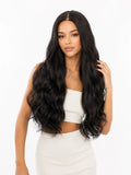 Riley | 26 Inch Long Natural Black Body Wave Wig | T-Part Lace Front Synthetic Wig