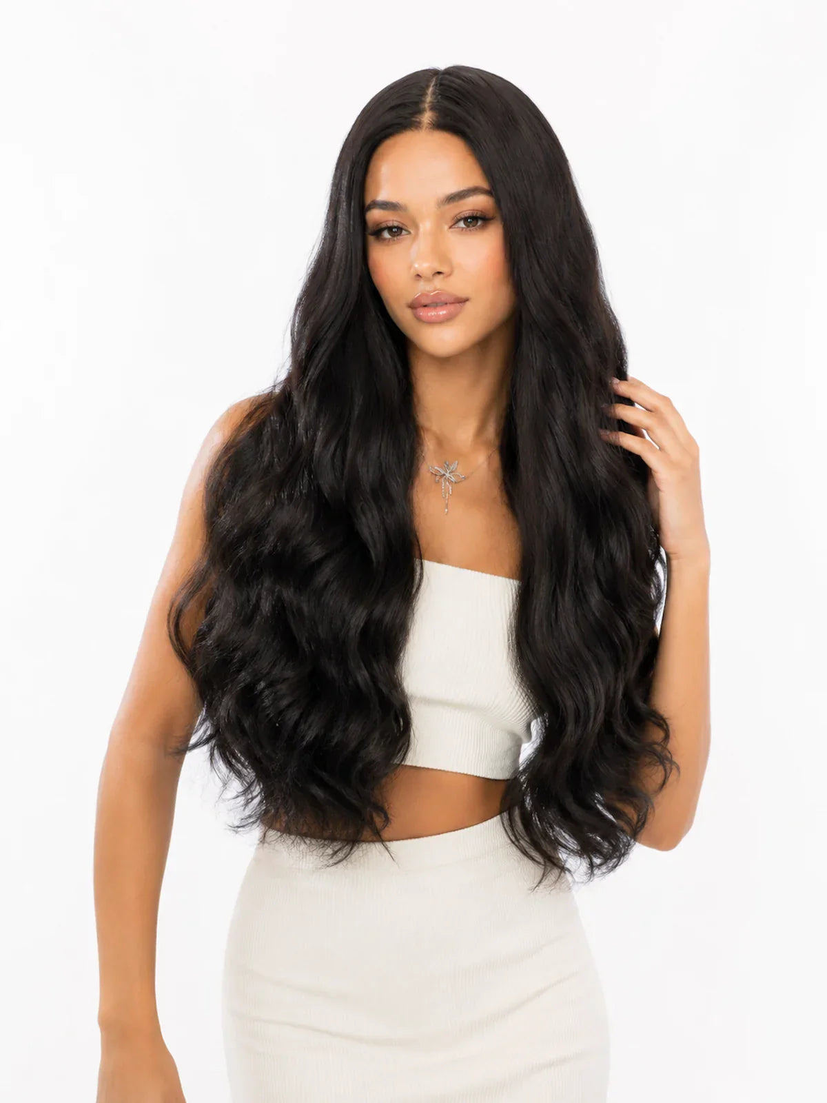 Riley | 26 Inch Long Natural Black Body Wave Wig | T-Part Lace Front Synthetic Wig