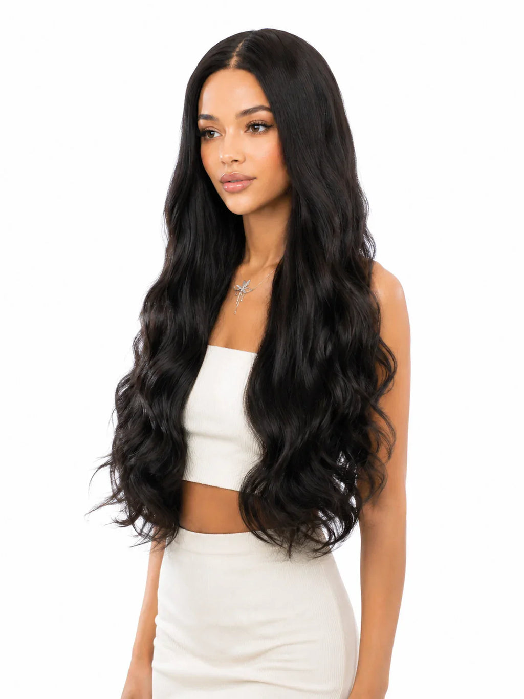 Riley | 26 Inch Long Natural Black Body Wave Wig | T-Part Lace Front Synthetic Wig