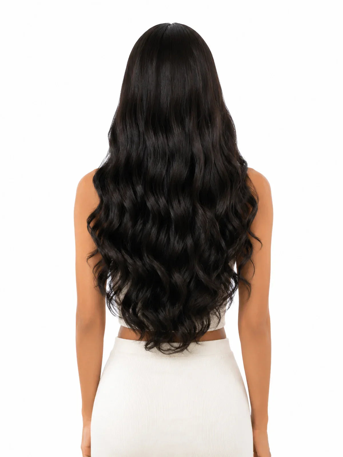 Riley | 26 Inch Long Natural Black Body Wave Wig | T-Part Lace Front Synthetic Wig