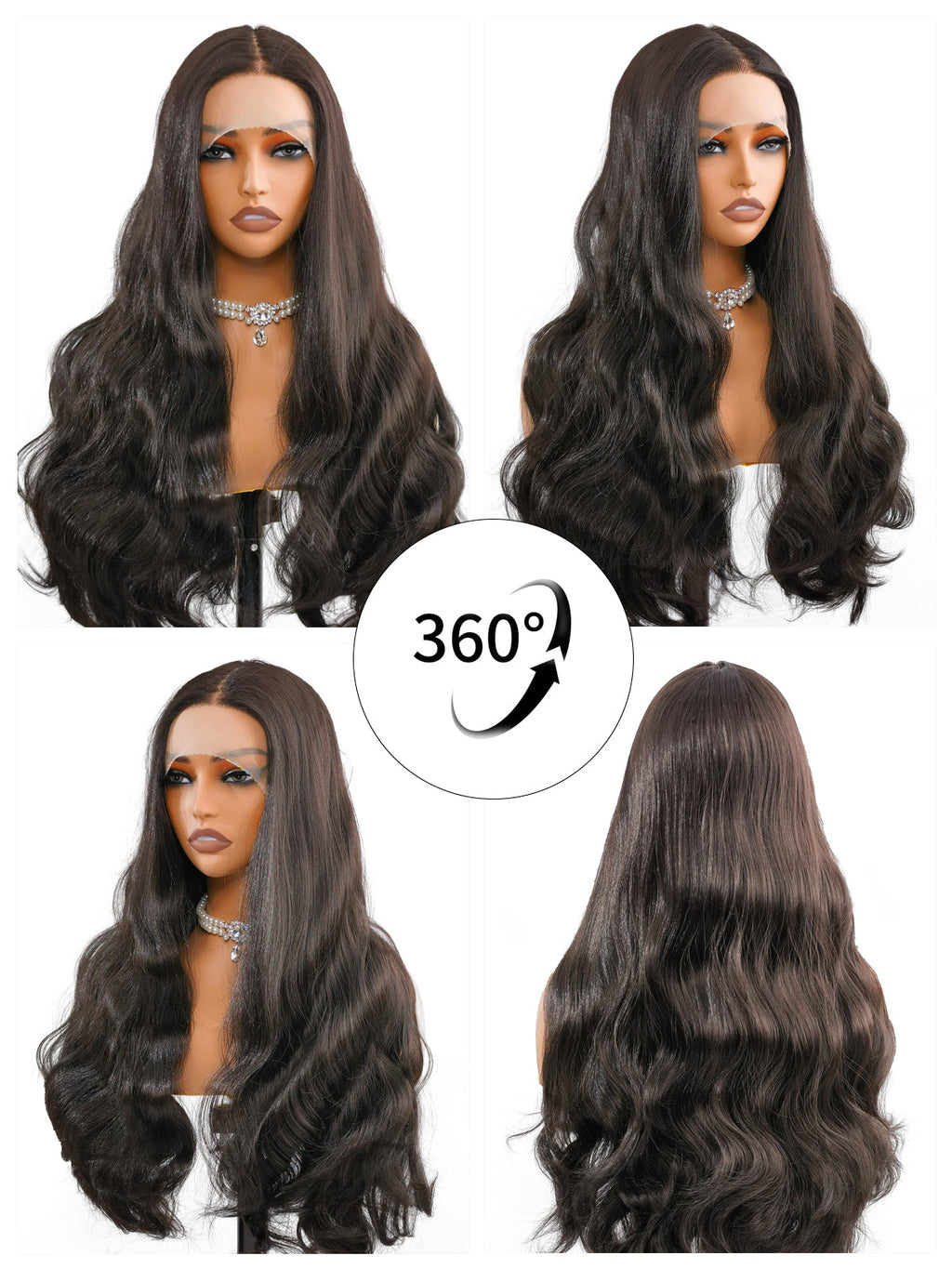 Riley | 26 Inch Long Natural Black Body Wave Wig | T-Part Lace Front Synthetic Wig