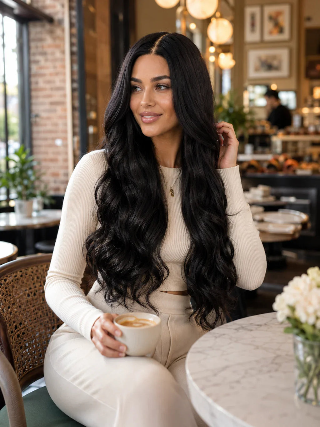 Riley | 26 Inch Long Natural Black Body Wave Wig | T-Part Lace Front Synthetic Wig