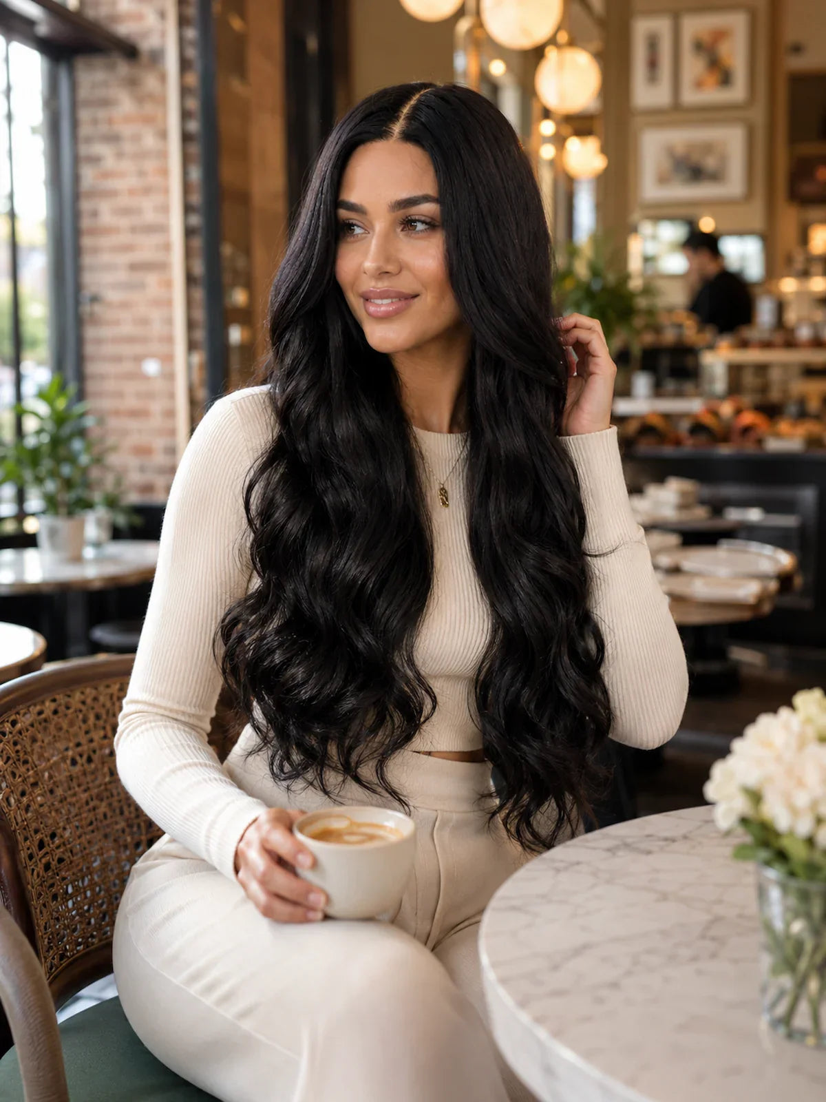 Riley | 26 Inch Long Natural Black Body Wave Wig | T-Part Lace Front Synthetic Wig