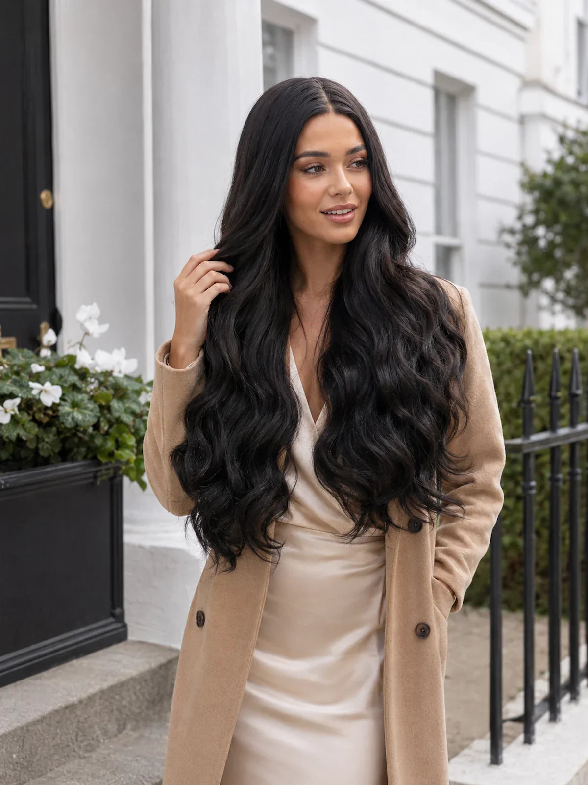 Riley | 26 Inch Long Natural Black Body Wave Wig | T-Part Lace Front Synthetic Wig