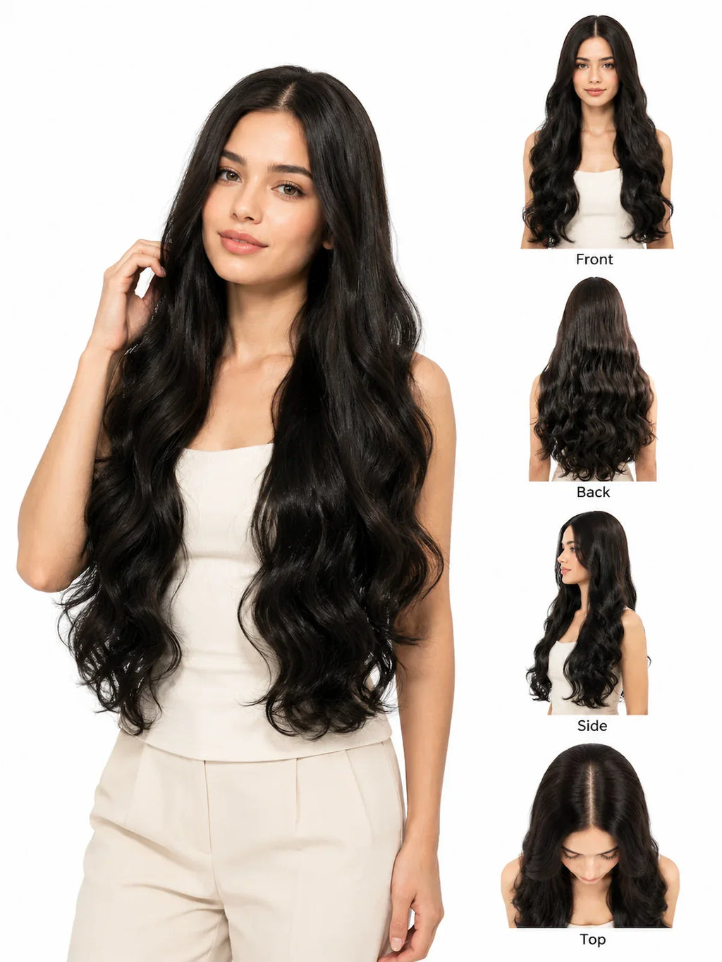 Riley | 26 Inch Long Natural Black Body Wave Wig | T-Part Lace Front Synthetic Wig