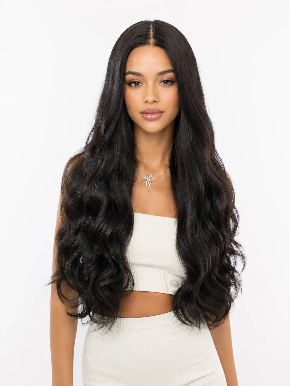 Riley | 26 Inch Long Natural Black Body Wave Wig | T-Part Lace Front Synthetic Wig