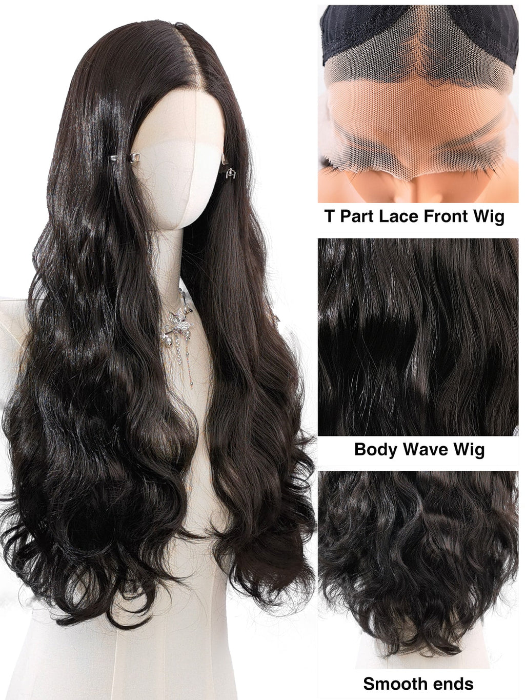 Riley | 26 Inch Long Natural Black Body Wave Wig | T-Part Lace Front Synthetic Wig