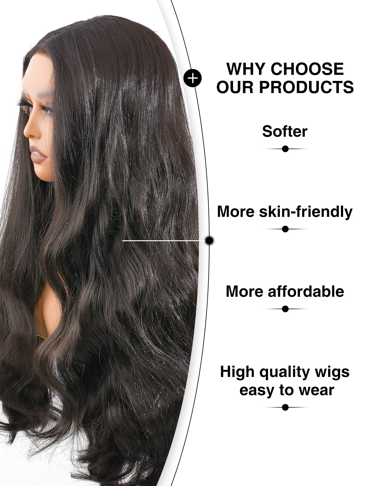 Riley | 26 Inch Long Natural Black Body Wave Wig | T-Part Lace Front Synthetic Wig