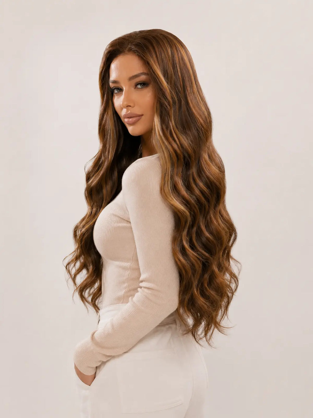Natalia | 26 Inch Long Highlighted Brown Body Wave Wig | Lace Front Synthetic Wig