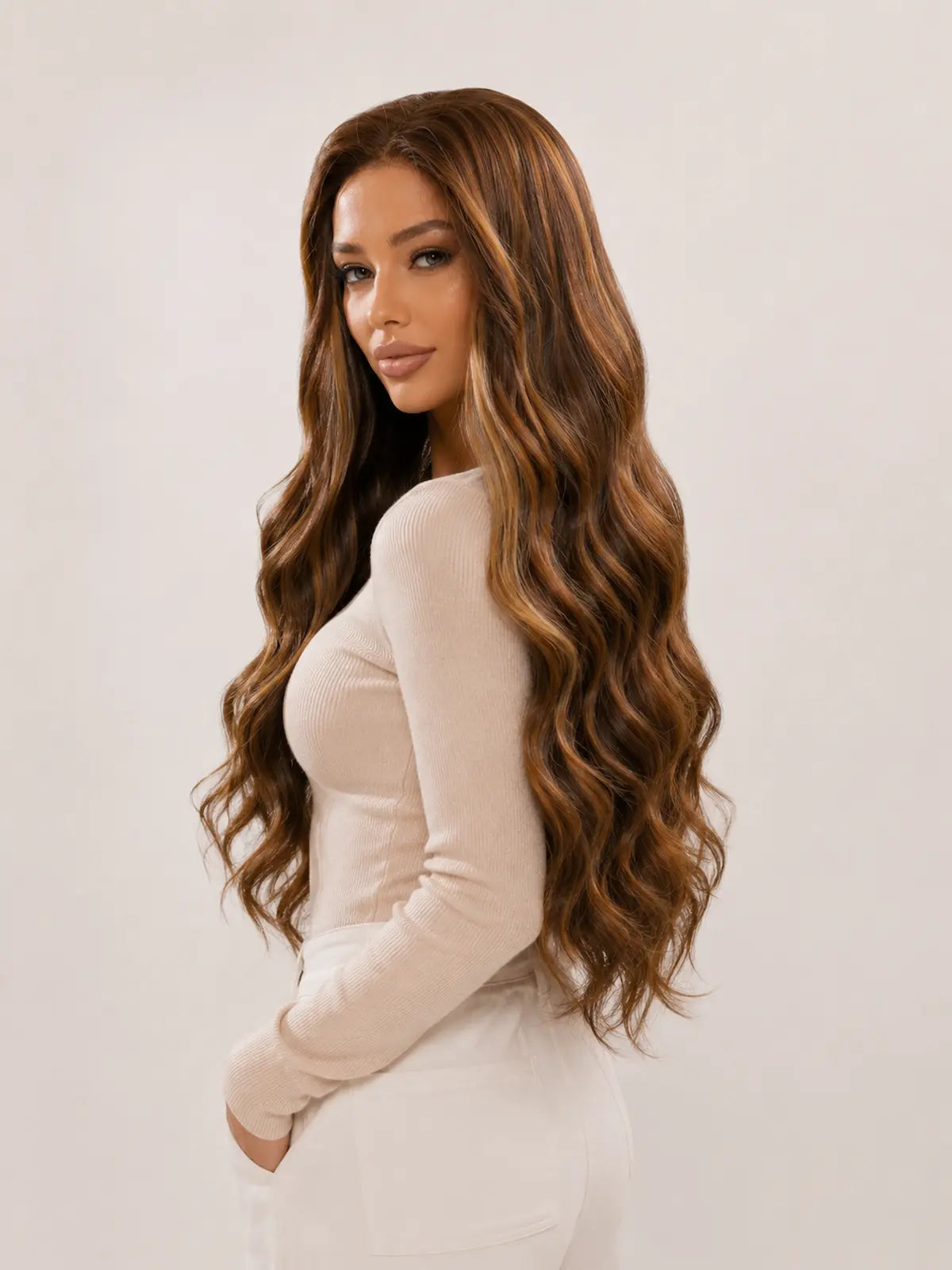 Natalia | 26 Inch Long Highlighted Brown Body Wave Wig | Lace Front Synthetic Wig