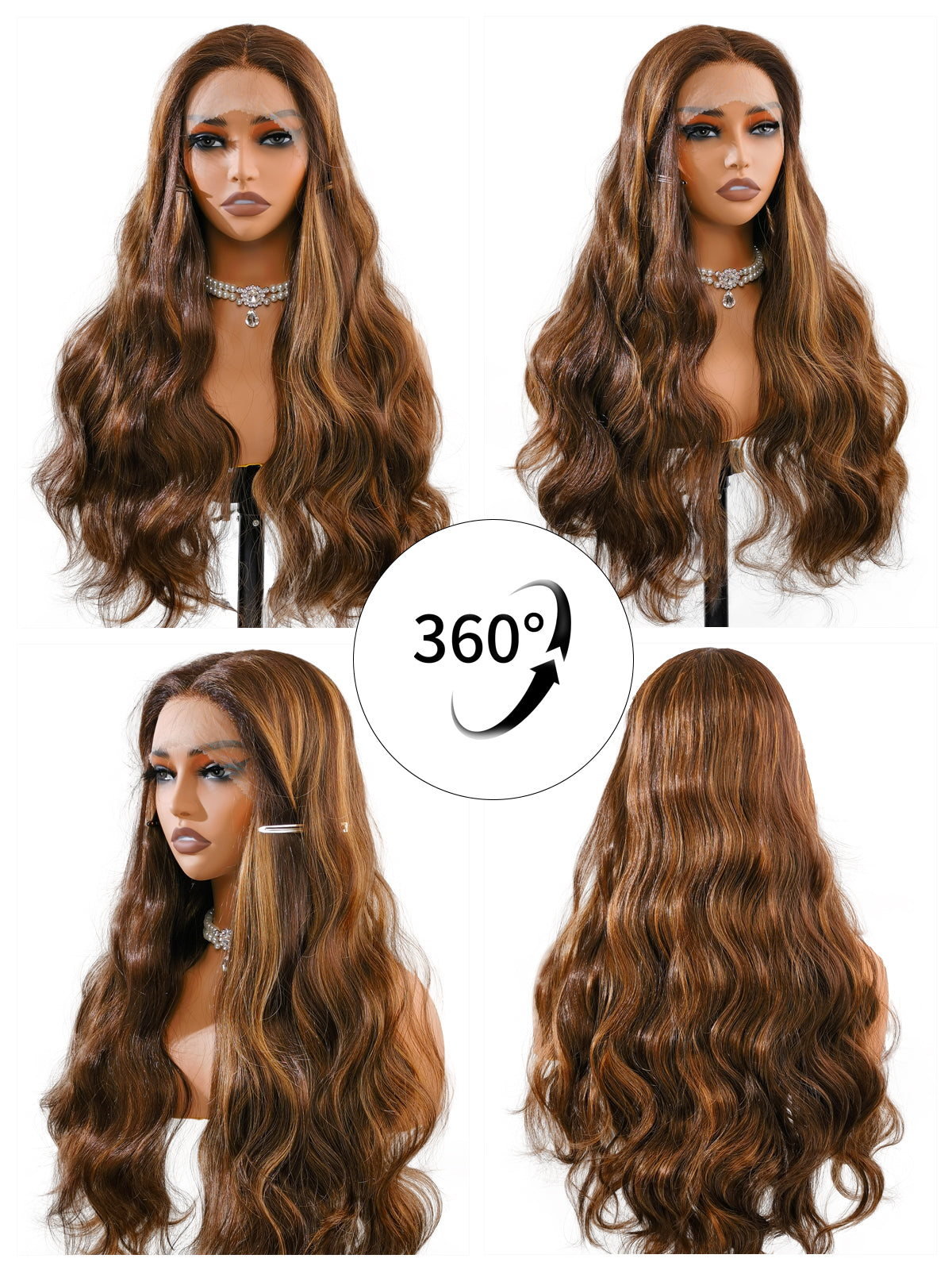 Natalia | 26 Inch Long Highlighted Brown Body Wave Wig | Lace Front Synthetic Wig
