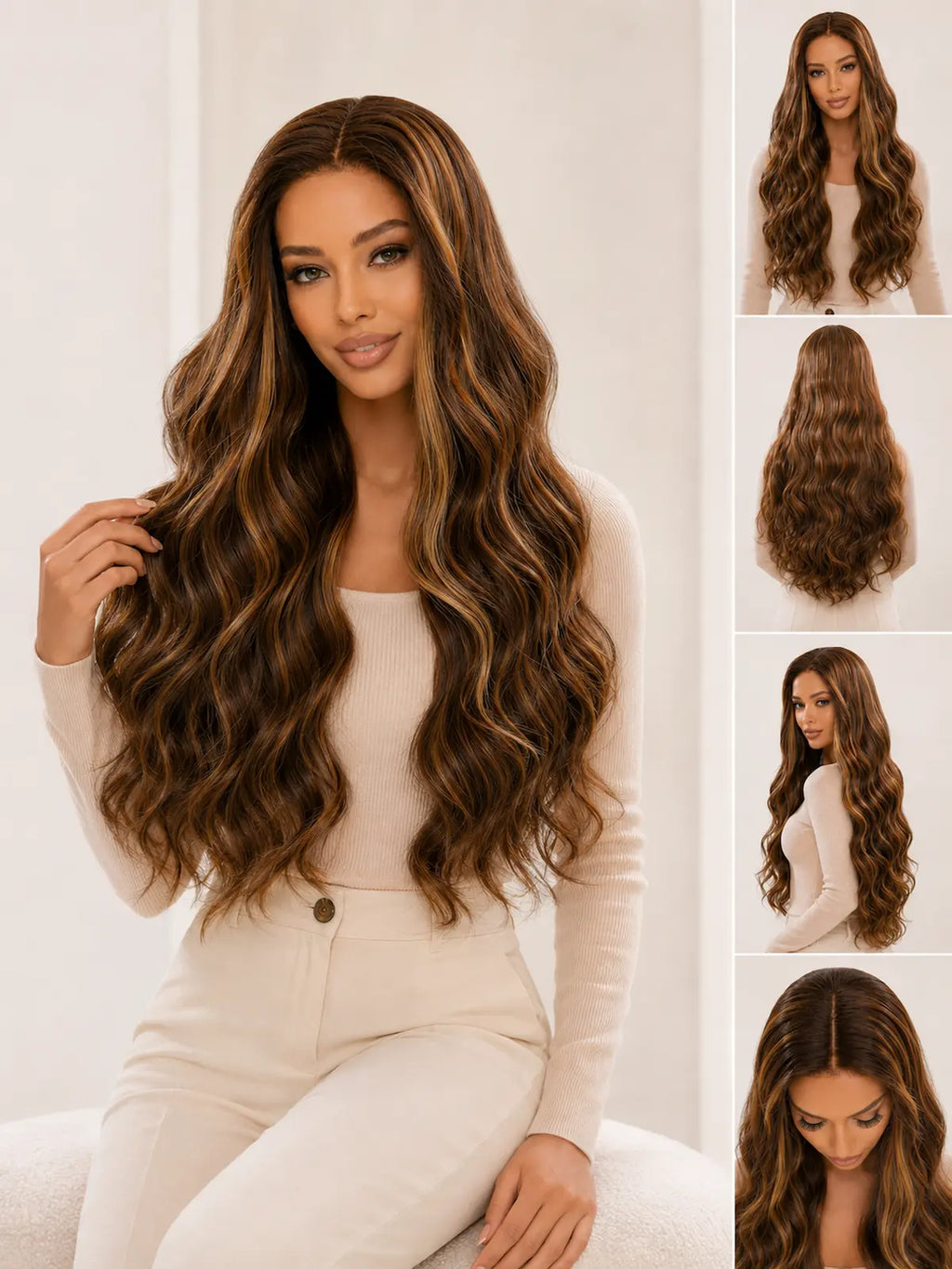 Natalia | 26 Inch Long Highlighted Brown Body Wave Wig | Lace Front Synthetic Wig