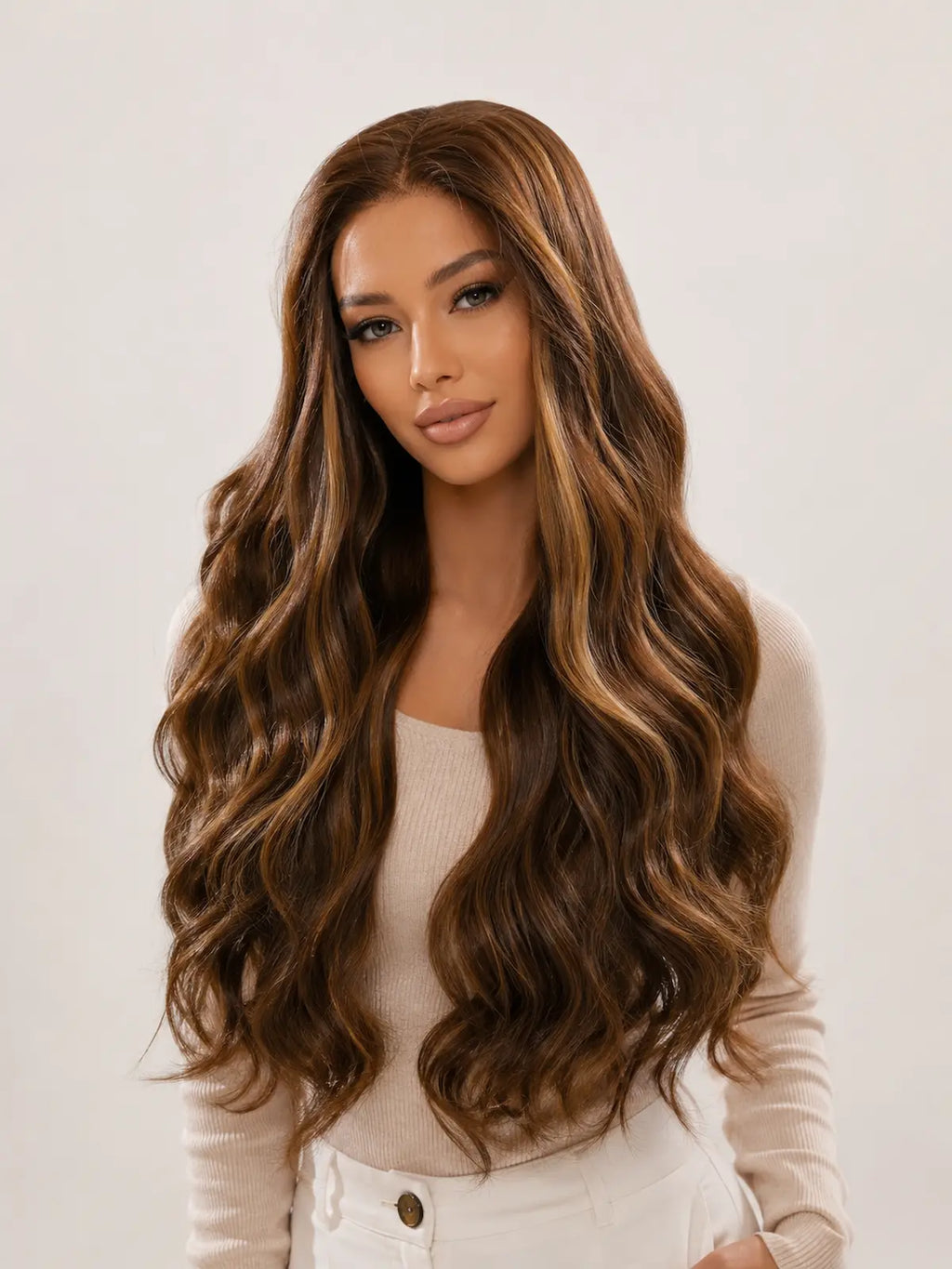 Natalia | 26 Inch Long Highlighted Brown Body Wave Wig | Lace Front Synthetic Wig