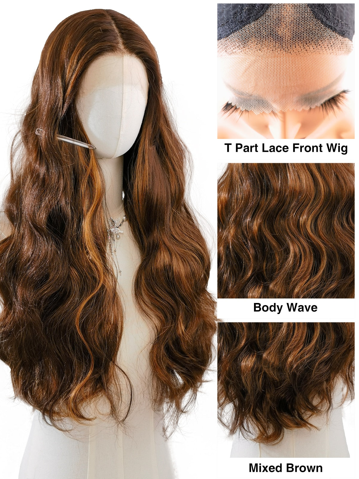 Natalia | 26 Inch Long Highlighted Brown Body Wave Wig | Lace Front Synthetic Wig