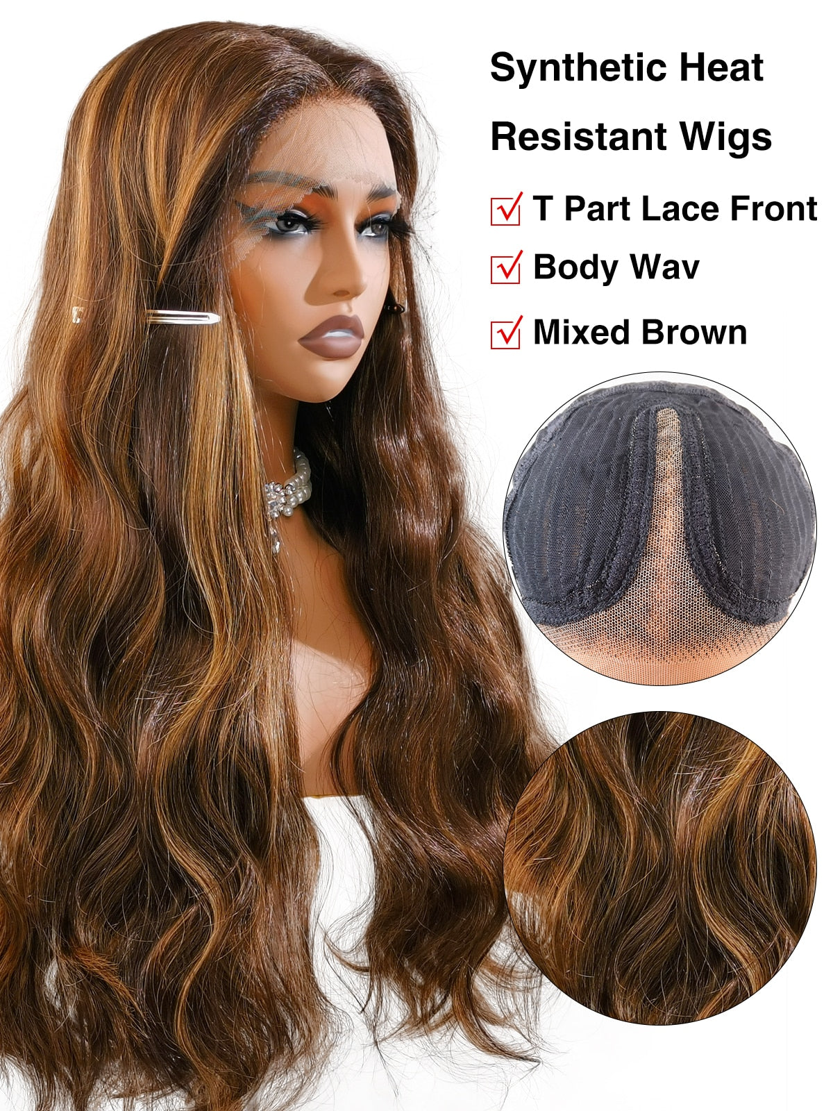 Natalia | 26 Inch Long Highlighted Brown Body Wave Wig | Lace Front Synthetic Wig
