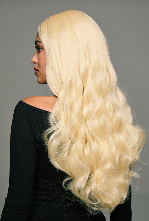 Arya | 26 Inch Long Platinum Blonde Body Wave Wig | Lace Front Synthetic Wig