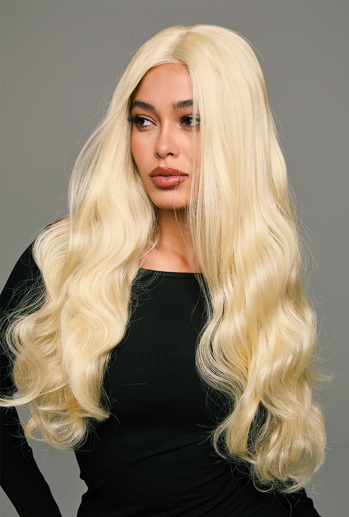 Arya | 26 Inch Long Platinum Blonde Body Wave Wig | Lace Front Synthetic Wig