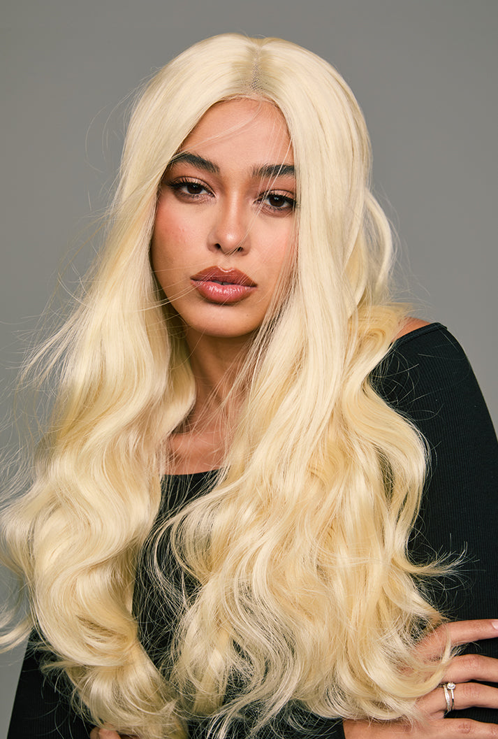 Arya | 26 Inch Long Platinum Blonde Body Wave Wig | Lace Front Synthetic Wig