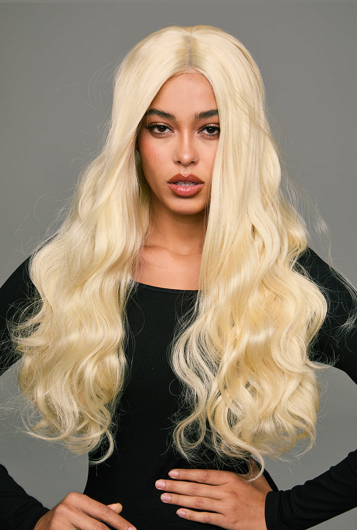 Arya | 26 Inch Long Platinum Blonde Body Wave Wig | Lace Front Synthetic Wig