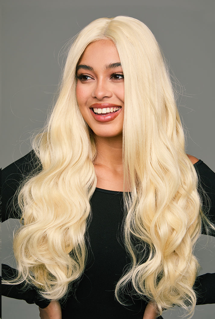 Arya | 26 Inch Long Platinum Blonde Body Wave Wig | Lace Front Synthetic Wig