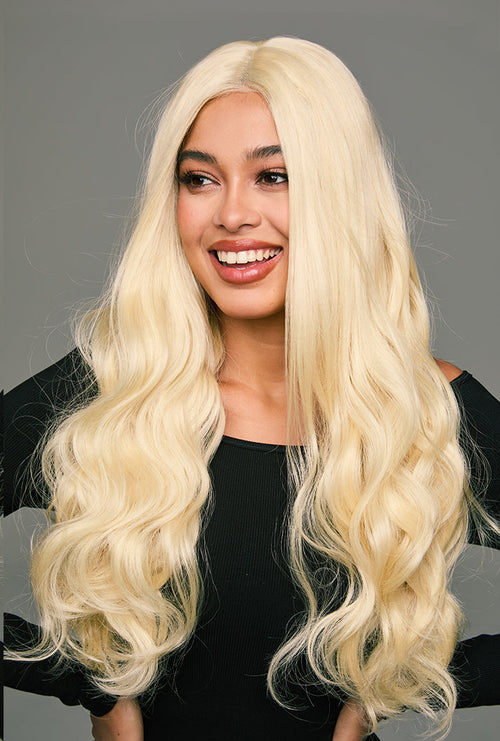 Arya | 26 Inch Long Platinum Blonde Body Wave Wig | Lace Front Synthetic Wig