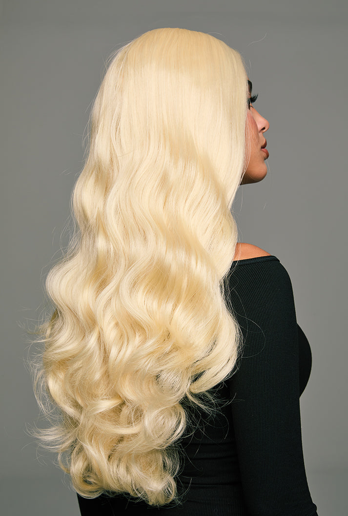 Arya | 26 Inch Long Platinum Blonde Body Wave Wig | Lace Front Synthetic Wig