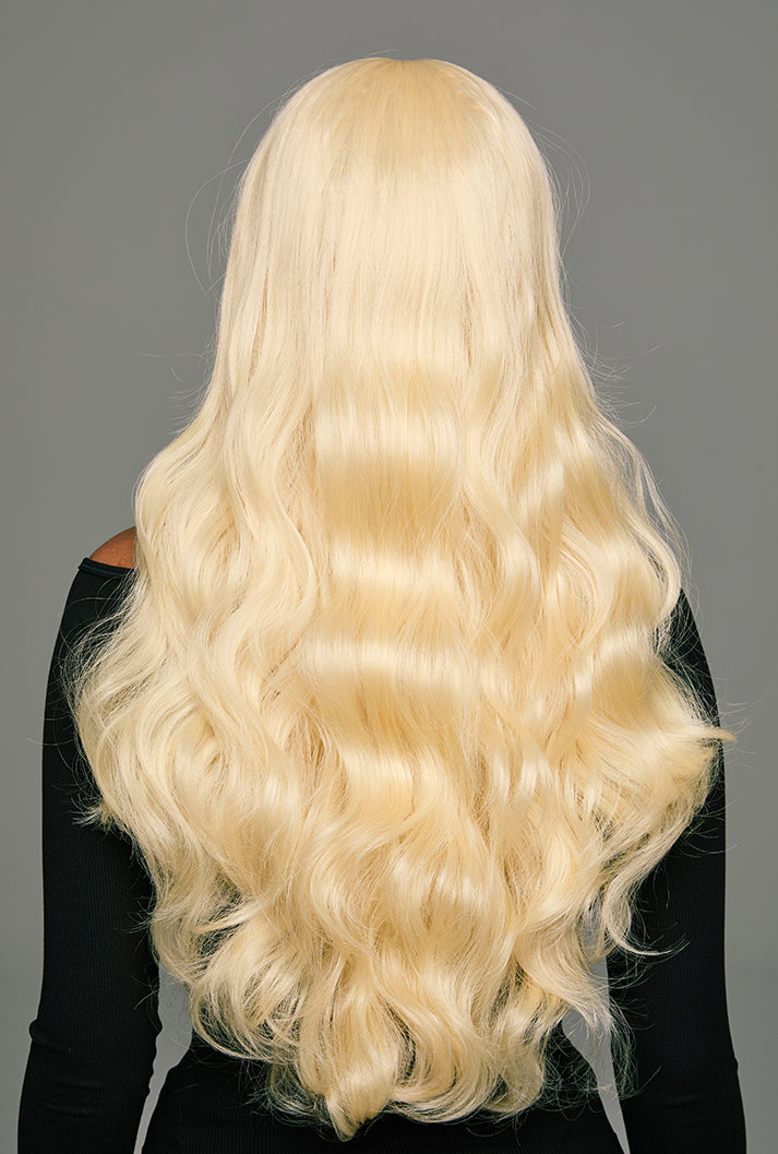 Arya | 26 Inch Long Platinum Blonde Body Wave Wig | Lace Front Synthetic Wig