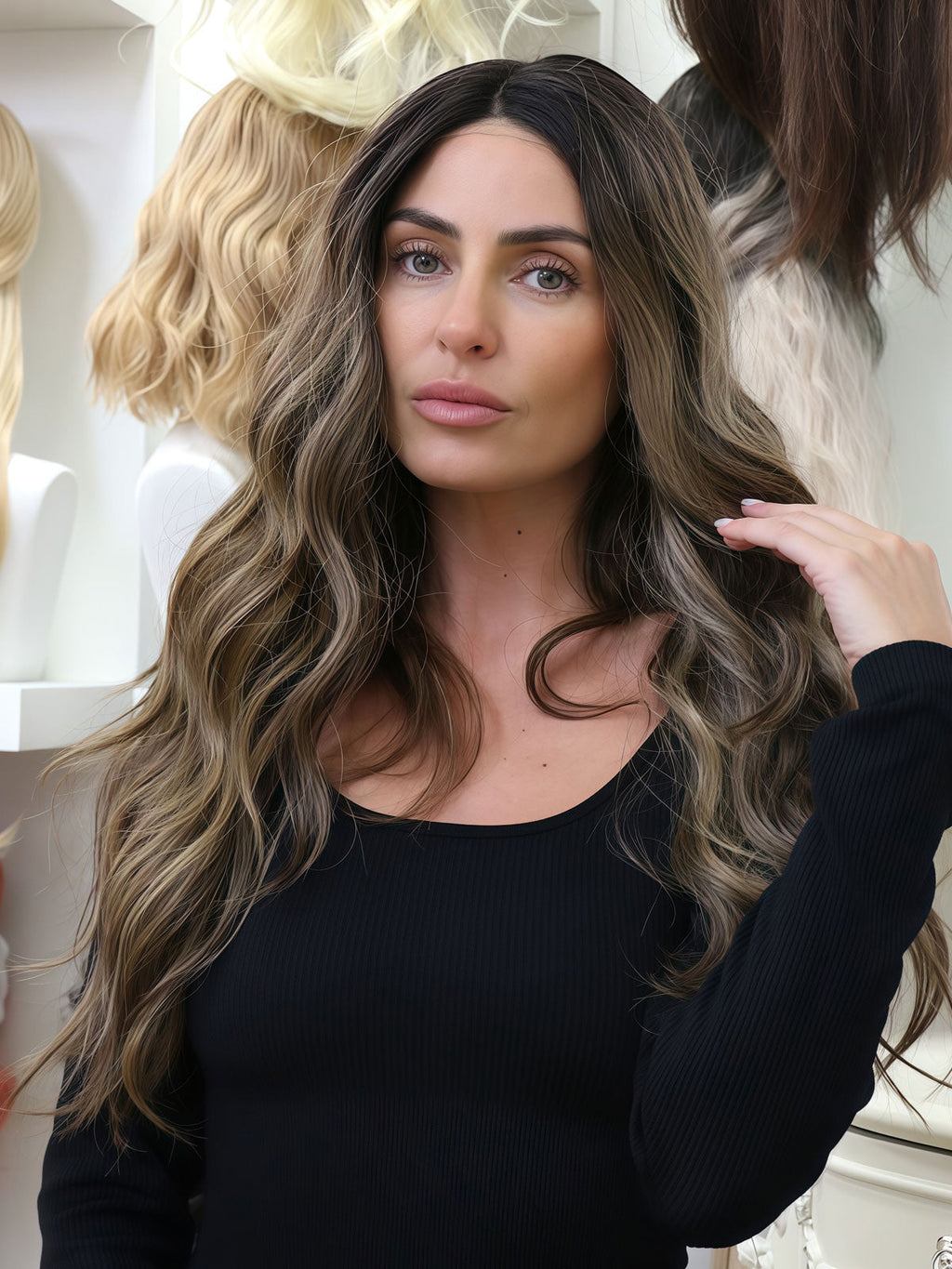 Stella | 24 Inch Black-Brown Grey Balayage Body Wave Wig | L-Part Lace Front Synthetic Wig