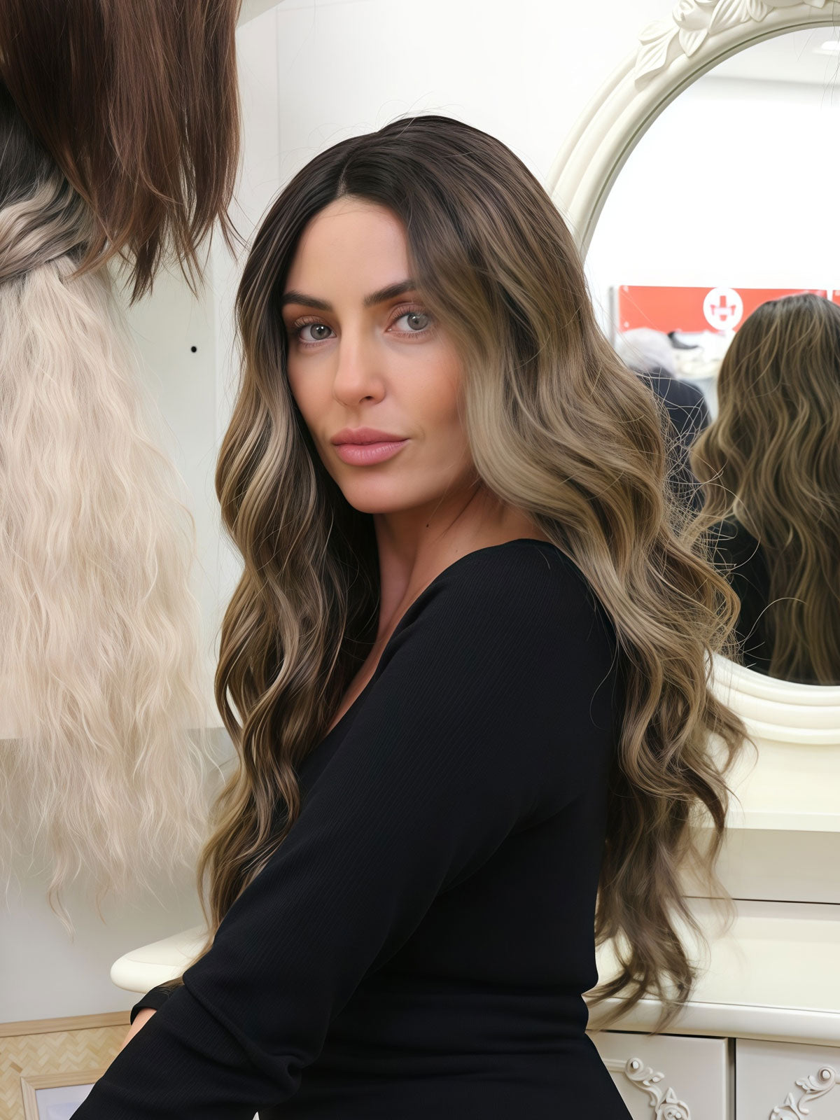 Stella | 24 Inch Black-Brown Grey Balayage Body Wave Wig | L-Part Lace Front Synthetic Wig