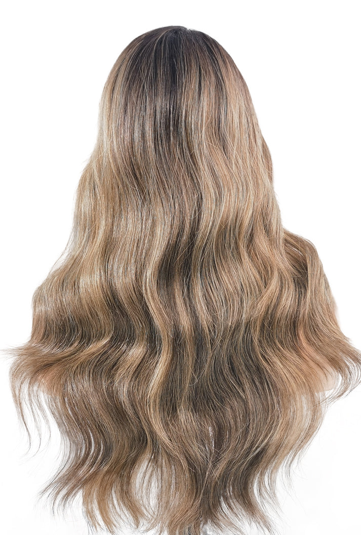 Stella | 24 Inch Black-Brown Grey Balayage Body Wave Wig | L-Part Lace Front Synthetic Wig