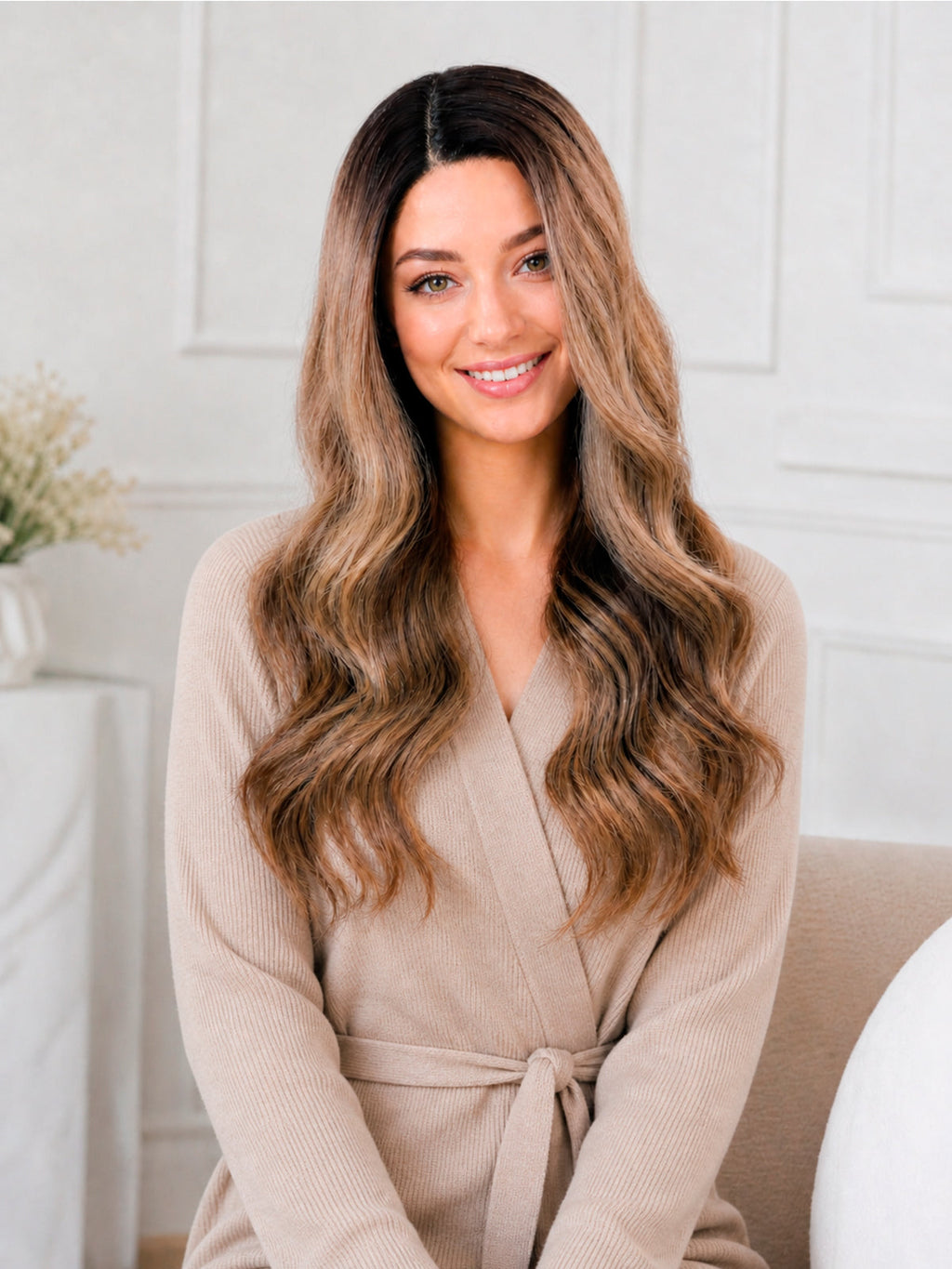 Stella | 24 Inch Black-Brown Grey Balayage Body Wave Wig | L-Part Lace Front Synthetic Wig